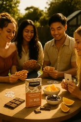 Four friends playing cards outdoors with a box of Honeycomb Federation chocolate on a table.
